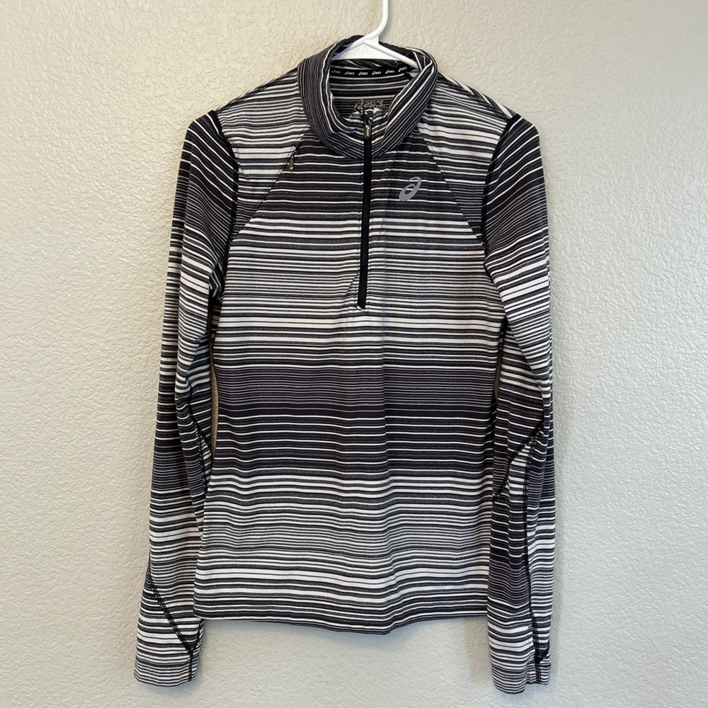 Asics Long Sleeve 1/4 Zip Activewear Pullover, Women's Medium striped Thumb Hole